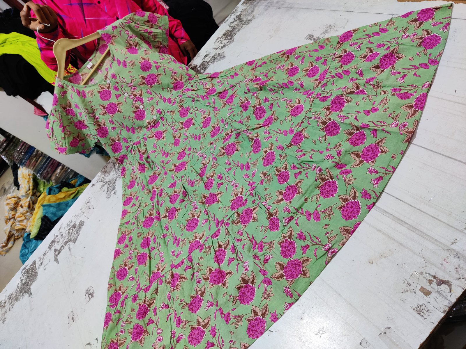 Green Printed Cotton Midi Gown Dress